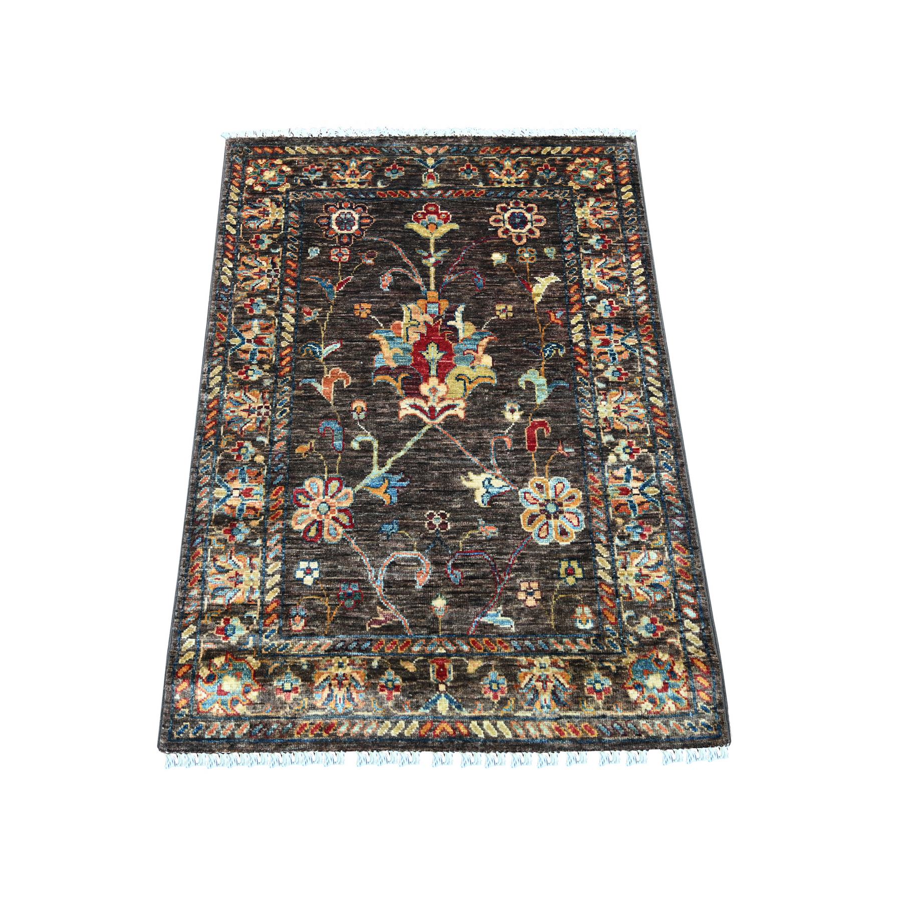 2'9"x3'10" Chocolate Brown, Soft and Vibrant Wool, Hand Knotted, Afghan Sultani All Over Floral Pattern, Natural Dyes, Sample, Mat, Oriental Rug 